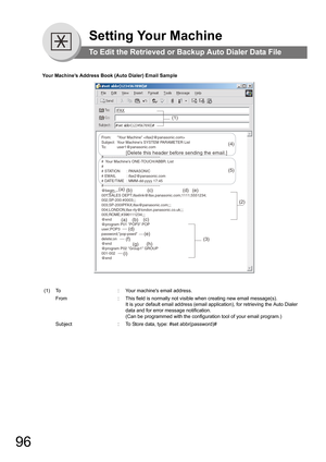 Page 9696
Setting Your Machine
To Edit the Retrieved or Backup Auto Dialer Data File
Your Machine’s Address Book (Auto Dialer) Email Sample
(1) To : Your machines email address.
From : This field is normally not visible when creating new email message(s).
It is your default email address (email application), for retrieving the Auto Dialer  
data and for error message notification.
(Can be programmed with the configuration tool of your email program.)
Subject : To Store data, type: #set abbr(password)#
From:...