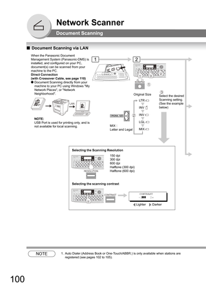 Page 100100
Network Scanner
Document Scanning
QDocument Scanning via LAN
NOTE1. Auto Dialer (Address Book or One-Touch/ABBR.) is only available when stations are 
registered (see pages 
102 to 105).
Selecting the Scanning Resolution
150 dpi
300 dpi
600 dpi
Halftone (300 dpi)
Halftone (600 dpi)
Selecting the scanning contrast
CONTRAST
-[]]]]]]]+
UF-7950
RESOLUTION
UF-7950
A
CONTRAST
 :Lighter      :Darker
When the Panasonic Document 
Management System (Panasonic-DMS) is 
installed, and configured on your PC,...