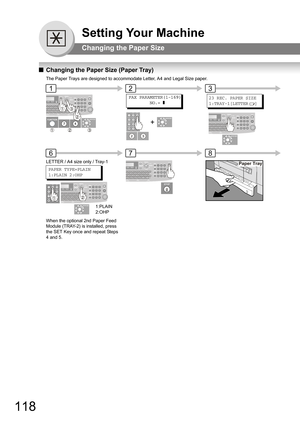 Page 118118
Setting Your Machine
Changing the Paper Size
QChanging the Paper Size (Paper Tray)
The Paper Trays are designed to accommodate Letter, A4 and Legal Size paper.
Paper Tray
123
678
LETTER / A4 size only / Tray-1
When the optional 2nd Paper Feed 
Module (TRAY-2) is installed, press 
the SET Key once and repeat Steps 
4 and 5.1:PLAIN 
2:OHP
+
23 REC. PAPER SIZE
1:TRAY-1[LETTER ]FAX PARAMETER(1-169)
        NO.= ]FAX PARAMETER(1-169)
        NO.= ]
PAPER TYPE=PLAIN
1:PLAIN 2:OHP 