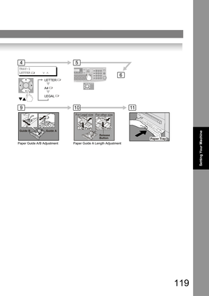 Page 119119
Setting Your Machine
Paper Tray
45
6
91011
TRAY-1
LETTER        ∨ ∧
LETTER
A4
LEGAL
Paper Guide A/B Adjustment
Guide BGuide A
Paper Guide A Length Adjustment
For Legal size
For other size
Release
Button
PushPush 