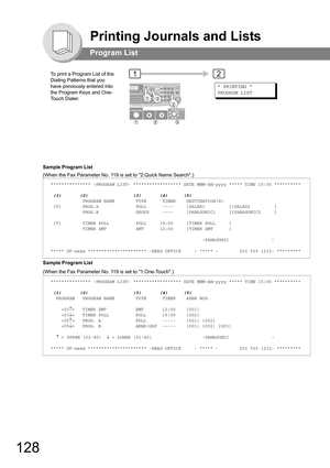 Page 128128
Printing Journals and Lists
Program List
Sample Program List
(When the Fax Parameter No. 119 is set to 2:Quick Name Search.)
Sample Program List
(When the Fax Parameter No. 119 is set to 1:One-Touch.)
*************** -PROGRAM LIST- ****************** DATE MMM-dd-yyyy ***** TIME 15:00 **********
 (1)       (2)                 (3)       (4)      (5)
            PROGRAM NAME        TYPE      TIMER    DESTINATION(S) [P]        PROG.A              POLL      ----     [SALES1         ][SALES2         ]...