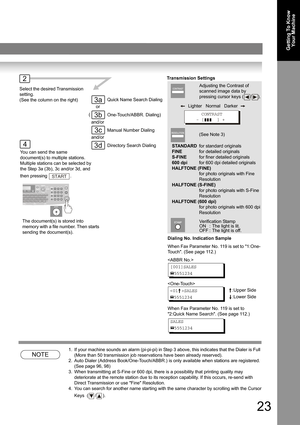 Page 2323
Getting To Know 
Your Machine
NOTE
1. If your machine sounds an alarm (pi-pi-pi) in Step 3 above, this indicates that the Dialer is Full 
(More than 50 transmission job reservations have been already reserved).
2. Auto Dialer (Address Book/One-Touch/ABBR.) is only available when stations are registered. 
(See page 
96, 98)
3. When transmitting at S-Fine or 600 dpi, there is a possibility that printing quality may 
deteriorate at the remote station due to its reception capability. If this occurs,...