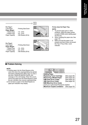 Page 2727
Getting To Know 
Your Machine
QProblem Solving
Paper Tray-2
Paper Tray-1
For Tray-1
Load Paper : Printing Side Down
Paper Weight 
1-Sided Copy : 16 – 28 lb 
2-Sided Copy : 20 – 24 lb
Paper Capacity : 250 Sheets (20 lb)
For Tray-2
Load Paper : Printing Side Down
Paper Weight 
1-Sided Copy : 16 – 28 lb 
2-Sided Copy : 20 – 24 lb
Paper Capacity : 550 Sheets (20 lb)Firmly close the Paper Tray.
NOTE:
1. To prevent paper jams or other 
problems, adjust the paper guides 
(Length & Width) when adding paper...