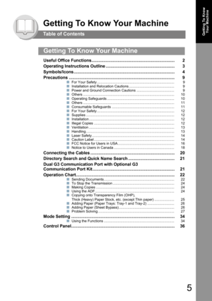 Page 55
Getting To Know Your Machine
Table of ContentsGetting To Know 
Your Machine
Useful Office Functions...................................................................... 2
Operating Instructions Outline .......................................................... 3
Symbols/Icons..................................................................................... 4
Precautions ......................................................................................... 9
QFor Your Safety...