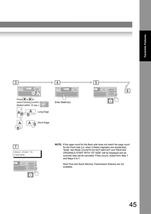 Page 4545
Facsimile Features
43
Enter Station(s)
5
6
7
PRESS START TO
CONTINUE
NOTE:If the page count for the Back side does not match the page count 
for the Front side (i.e. when 2-Sided original(s) are double-fed),  
SIDE 1&2 PAGE COUNTS DO NOT MATCH! and RESCAN 
ORIGINALS START WITH 1ST SIDE will be displayed and all 
scanned data will be cancelled. If this occurs, restart from Step 1 
and Steps 4 to 7.
Real Time and Quick Memory Transmission features are not 
available.
Press      or      to 
select...