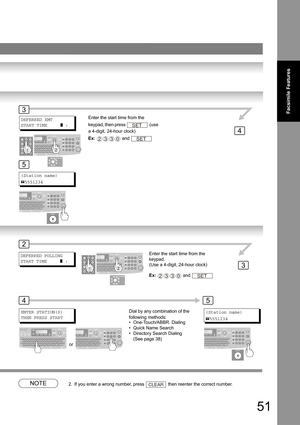 Page 5151
Facsimile Features
NOTE2. If you enter a wrong number, press  then reenter the correct number.
DEFERRED XMT
START TIME     
] : 
Enter the start time from the 
keypad, then press  .(use 
a 4-digit, 24-hour clock)
Ex:  and 
SET
2330SET
4
3
5
(Station name)
5551234
(Station name)
5551234
DEFERRED POLLING
START TIME     
] :  
Enter the start time from the 
keypad.
(Use a 4-digit, 24-hour clock)
Ex:  and 
2330SET
Dial by any combination of the 
following methods:
• One-Touch/ABBR. Dialing
• Quick Name...