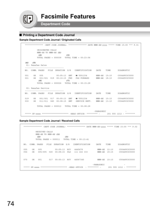 Page 7474
Facsimile Features
Department Code
QPrinting a Department Code Journal
Sample Department Code Journal / Originated Calls
Sample Department Code Journal / Received Calls
*************** -DEPT CODE JOURNAL- *************** DATE MMM-dd-yyyy ***** TIME 15:00 *** P.01
          ORIGINATED CALLS                    MMM-dd TO MMM-dd (1)           
           (2)                    (3)                    TOTAL PAGES = 000038   TOTAL TIME = 00:23:56
(4)   (5)  01: Panafax Sales--------------------------------...