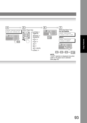 Page 9393
Copy Features
INVOICE 
(Invoice-R)
FLS1
FLS2
A4
B5
LEGAL
4567
LTR→LTR [LTR *]
ZOOM:100% COPIES:001Select Paper Size
LETTER 
(Letter-R)
A5 (A5-R)
PAPER TYPE=PLAIN
1:PLAIN 2:HVY 3:OHP
Select the Paper Type 
For LETTER/A4
PAPER TYPE=PLAIN
1:PLAIN 2:HEAVY
Others
oror and
NOTE: 
“3:OHP” selection is displayed only when 
Letter or A4 paper size is selected.
(See page 25) 