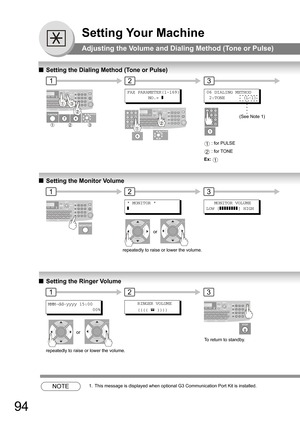 Page 9494
Setting Your Machine
Adjusting the Volume and Dialing Method (Tone or Pulse)
QSetting the Dialing Method (Tone or Pulse)
QSetting the Monitor Volume
QSetting the Ringer Volume
NOTE1. This message is displayed when optional G3 Communication Port Kit is installed.
FAX PARAMETER(1-169)
        NO.= ]
12
06 DIALING METHOD
 2:TONE       (L-1)
 : for PULSE
 : for TONE
Ex: 1
2
1
3
(See Note 1)
* MONITOR *
]
 
or
repeatedly to raise or lower the volume.
12
   MONITOR VOLUME
LOW []]]]]]]]] HIGH
3
or
repeatedly...
