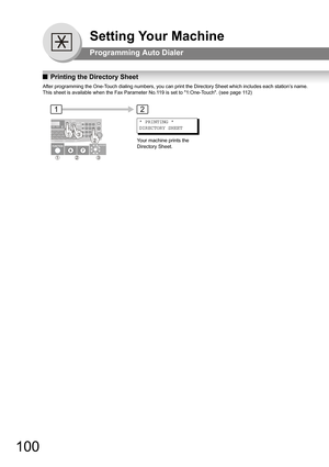 Page 100100
Setting Your Machine
Programming Auto Dialer
QPrinting the Directory Sheet
After programming the One-Touch dialing numbers, you can print the Directory Sheet which includes each station’s name. 
This sheet is available when the Fax Parameter No.119 is set to 1:One-Touch. (see page 
11 2)
* PRINTING *
DIRECTORY SHEET
Your machine prints the 
Directory Sheet.
12 