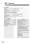 Page 140140
Appendix
Specifications
ADF (Standard)
2nd Paper Feed Module (DA-DS188) (Option)
Options and Supplies
Tray CapacityLetter, Invoice : 100 sheets (20 lb / 75 g/ m2)
Paper SizeInvoice/Letter/Legal
Paper Weight14 - 28 lb (50 - 105 g/ m2)
Electrical RequirementsSupplied from the machine
Paper SizeLetter/Legal
Paper Weight16 - 28 lb (60 - 105 g/ m2) [1-Sided Copy]
20 - 24 lb (75 - 90 g/ m2) [2-Sided Copy]
Electrical RequirementsSupplied from the machine
Dimensions (W x D x H)17.7 x 15.1 x 5.5 inches (450 x...