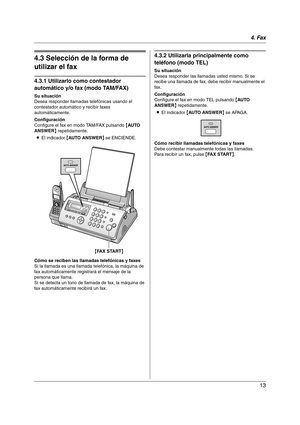 Page 134. Fax
13
Recepción de faxes
4.3 Selección de la forma de 
utilizar el fax
4.3.1 Utilizarlo como contestador 
automático y/o fax (modo TAM/FAX)
Su situación
Desea responder llamadas telefónicas usando el 
contestador automático y recibir faxes 
automáticamente.
Configuración
Configure el fax en modo TAM/FAX pulsando {AU TO  
ANSWER} repetidamente.
LEl indicador {AUTO ANSWER} se ENCIENDE.
Cómo se reciben las llamadas telefónicas y faxes
Si la llamada es una llamada telefónica, la máquina de 
fax...