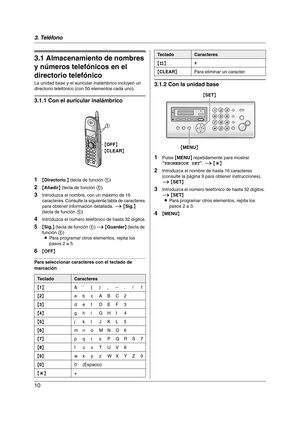 Page 103. Teléfono
10
3 Teléfono Marcación automática
3.1 Almacenamiento de nombres 
y números telefónicos en el 
directorio telefónico
La unidad base y el auricular inalámbrico incluyen un 
directorio telefónico (con 50 elementos cada uno).
3.1.1 Con el auricular inalámbrico
1
{Directorio.} (tecla de función 1)
2{Añadir} (tecla de función 1)
3Introduzca el nombre, con un máximo de 16 
caracteres. Consulte la siguiente tabla de caracteres 
para obtener información detallada. i {Sig.} 
(tecla de función 1)...
