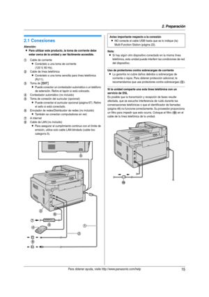 Page 152. Preparación
15Para obtener ayuda, visite http://www.panasonic.com/help
2 Pre parac ión 2Para ob tene r ay uda , vi sit e htt p://www.pan aso nic .com/hel p
Conex ione s y  co nfigu raci ón
2.1 Conexiones
Atención:
LPara utilizar este producto, la toma de corriente debe 
estar cerca de la unidad y ser fácilmente accesible.Nota:
LSi hay algún otro dispositivo conectado en la misma línea 
telefónica, esta unidad puede interferir las condiciones de red 
del dispositivo.
Uso de protectores contra...