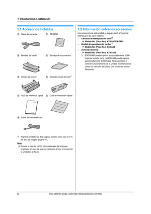 Page 61. Introducción e instalación
6Para obtener ayuda, visite http://www.panasonic.com/help
1 I ntrodu cc ión e in stal aci ón 1Para ob tene r ay uda , vi sit e htt p://www.pan aso nic .com/hel p
Acceso rio s
1.1 Accesorios incluidos
*1 Imprime alrededor de 800 páginas tamaño car ta con un 5 % 
de área de imagen (página 91).
Nota:
LGuarde la caja de cartón y los materiales de empaque 
originales en caso de que sea necesario enviar o transportar 
la unidad en el futuro.
1.2 Información sobre los accesorios...