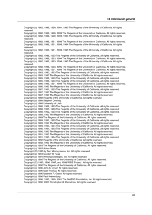 Page 9314. Información general
93
Copyright (c) 1982, 1986, 1990, 1991, 1993 The Regents of the University of California. All rights 
reserved.
Copyright (c) 1982, 1986, 1990, 1993 The Regents of the University of California. All rights reserved.
Copyright (c) 1982, 1986, 1990, 1993, 1994 The Regents of the University of California. All rights 
reserved.
Copyright (c) 1982, 1986, 1991, 1993 The Regents of the University of California. All rights reserved.
Copyright (c) 1982, 1986, 1991, 1993, 1994 The Regents...