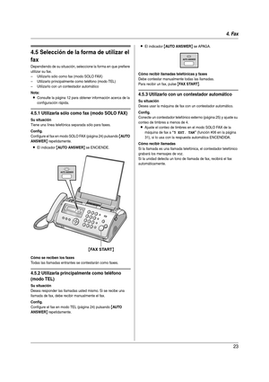 Page 234. Fax
23
Rece pci ón d e faxes
4.5 Selección de la forma de utilizar el 
fax
Dependiendo de su situación, seleccione la forma en que prefiere 
utilizar su fax.
– Utilizarlo sólo como fax (modo SOLO FAX)
– Utilizarlo principalmente como teléfono (modo TEL)
– Utilizarlo con un contestador automático
Nota:
LConsulte la página 12 para obtener información acerca de la 
configuración rápida.
4.5.1 Utilizarla sólo como fax (modo SOLO FAX)
Su situación
Tiene una línea telefónica separada sólo para faxes....