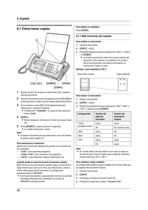 Page 286. Copiado
28
6Copiado Copi adora
6.1 Cómo hacer copias
1Ajuste el ancho de las guías de documento (1) al tamaño 
real del documento.
2Inser te el documento (hasta 10 páginas) con la CARA ABAJO 
hasta escuchar un pitido y que la unidad sujete el documento.
3Si es necesario, pulse {A} o {B} repetidamente para 
seleccionar la resolución deseada.
LSi selecciona “STANDARD”, la copia se hará usando el 
modo 
“FINE”.
4{COPY}
L
De ser necesario, introduzca el número de copias (hasta 
20).
5Pulse {START}, o...