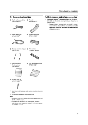 Page 51. Introducción e instalación
5
1 I ntrodu cc ión e in stal aci ón Acceso rio s
1.1 Accesorios incluidos
*1 Los números de las piezas están sujetos a cambios sin previo 
aviso.
*2 No necesita instalarla al utilizar papel carta.
Nota:
LSi algún ar tículo falta o está dañado, comuníquese con el sitio 
donde realizó la compra.
LGuarde la caja de cartón y los materiales de empaque 
originales en caso de que sea necesario enviar o transportar 
la unidad en el futuro.
1.2 Información sobre los accesorios...