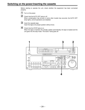 Page 23Ð 24 Ð
POWER ON
OFF
L
LEVEL CH4 CUE
DVCPRO
AUDIO ANALOGVIDEO Y PB PR
AES/EBU USER SETCMPST
INPUT SELECT
SDI
CH CONDITION
SCH CFSHIFT ADJ START RESET
STAND BYUB EXT EETC INT
TC   MODETAPE
LOCALREV FWD
PULL
OPEN JOGPUSHEJECT
AUTO OFF
SHTL
SLOWCONTROLREMOTE
EDIT
REWPLAYSERVO
STOP PLAYER
REC
REC INHIBIT
FF RECORDER
TC/CTL
TC SET
INSERT CH2
TRIM
V
INSET CH3 CH4 CUE TC
AUTO EDIT
PREROLL PREVIEW
REVIEW REC
PB
PULL FOR VARIABLE PULL
OPENHEADPHONESCH1 CH2 R
METER
FULL/FINE
MONITOR SELECT
W
–+
SDI
SDTI(V&A)
VOUT...