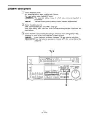 Page 32Ð 33 Ð
POWER ON
OFF
L
LEVEL CH4 CUE
DVCPRO
AUDIO ANALOGVIDEO Y PB PR
AES/EBU USER SETCMPST
INPUT SELECT
SDI
CH CONDITION
SCH CFSHIFT ADJ START RESET
STAND BYUB EXT EETC INT
TC   MODETAPE
LOCALREV FWD
PULL
OPEN JOGPUSHEJECT
AUTO OFF
SHTL
SLOWCONTROLREMOTE
EDIT
REWPLAYSERVO
STOP PLAYER
REC
REC INHIBIT
FF RECORDER
TC/CTL
TC SET
INSERT CH2
TRIM
V
INSET CH3 CH4 CUE TC
AUTO EDIT
PREROLL PREVIEW
REVIEW REC
PB
PULL FOR VARIABLE PULL
OPENHEADPHONESCH1 CH2 R
METER
FULL/FINE
MONITOR SELECT
W
–+
SDI
SDTI(V&A)
VOUT...