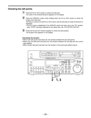 Page 34Ð 35 Ð
POWER ON
OFF
L
LEVEL CH4 CUE
DVCPRO
AUDIO ANALOGVIDEO Y PB PR
AES/EBU USER SETCMPST
INPUT SELECT
SDI
CH CONDITION
SCH CFSHIFT ADJ START RESET
STAND BYUB EXT EETC INT
TC   MODETAPE
LOCALREV FWD
PULL
OPEN JOGPUSHEJECT
AUTO OFF
SHTL
SLOWCONTROLREMOTE
EDIT
REWPLAYSERVO
STOP PLAYER
REC
REC INHIBIT
FF RECORDER
TC/CTL
TC SET
INSERT CH2
TRIM
V
INSET CH3 CH4 CUE TC
AUTO EDIT
PREROLL PREVIEW
REVIEW REC
PB
PULL FOR VARIABLE PULL
OPENHEADPHONESCH1 CH2 R
METER
FULL/FINE
MONITOR SELECT
W
–+
SDI
SDTI(V&A)
VOUT...