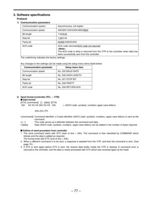 Page 76Ð 77 Ð
3. Software specifications
Protocol
1) Communication parameters
Communication system Asynchronous, full duplex
Communication speed 300/600/1200/2400/4800/9600
Bit length 7 bit/8 bit
Stop bit1 bit/2 bit
Parity bitNONE/ODD/EVEN
ACK code ACK code returned/ACK code not returned

The ACK code is what is returned from the VTR to the controller when data has
been successfully sent from the controller.
The underlining indicates the factory settings.
Any changes to the settings can be made using the setup...