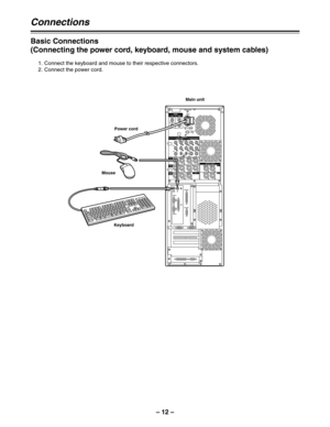 Page 12– 12–
Connections
Basic Connections
(Connecting the power cord, keyboard, mouse and system cables)
1. Connect the keyboard and mouse to their respective connectors.
2. Connect the power cord.
AC IN
FUSE F1
125V
5A
FUSE F2
125V
5A
SIGNAL GND
 IN OUT
1
2 SDI/SDIT
SDI/SDIT
ACTIVE THROUGHSDI/SDIT(OPTION)
SDI
YANALOG
VIDEO INPUTVIDEO OUTPUT
Y1
2
AUDIO
IN
AUDIO
OUT
AUDIO
MON
TC IN IN
OUT DIGITAL AUDIO MON
OUT VIDEO
IN
REF VODEOIN
P
B
P
RP
B
P
R
ON
OFF75≠ON
OFF75≠CH1 CH2 CH3
PUSH
CH4
CH1 CH2
LR
RS-232C
SERIAL...