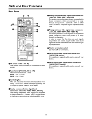 Page 8– 8–
Parts and Their Functions
Rear Panel
1
AC power socket [~AC IN]
The power cord (provided) is connected to this
socket.
2
Fuse holder [FUSE 1/2, 125 V, 5 A]
This holder contains a 5 A fuse.
FUSE 1:for VTR unit
FUSE 2:for PC unit
3
Ventilating fan
This fan prevents the internal temperature from
rising.  Do not block the fan openings by placing the
unit right up against a wall or other object.
4
Analog component video signal input
connectors [ANALOG, VIDEO INPUT, Y/P
B/PR]
The analog component video...