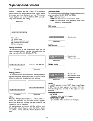 Page 1919
Display position
The position of the superimposed displays can be
changed using the setup menu item No.007 (CHARA
H-POS) and No.008 (CHARA V-POS) settings.
Superimposed Screens

When the PAGE button and DATA+ button or DATA–
button are pressed, the counter display appears
temporarily while the buttons are held down so that
the settings can be checked.
It is also possible to proceed with the settings while
checking the actual situation using the DATA+ button
and DATA– button while the PAGE button is...