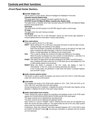 Page 12– 12 –
Controls and their functions

X XX X
XCounter display area
The TC and CTL count values, UB and messages are displayed in this area.
Cassette inserted display lamp:
This lamp lights when a cassette has been inserted into the unit.
DVCPRO format (25 Mbps/50 Mbps) cassette play display lamp:
This lights when a cassette which was recorded using the DVCPRO (25 Mbps/50 Mbps)
format is being played back.
SCH lamp:
This lights when the SCH phase of the SD REF signal is within a fixed range.
CF lamp:
This...