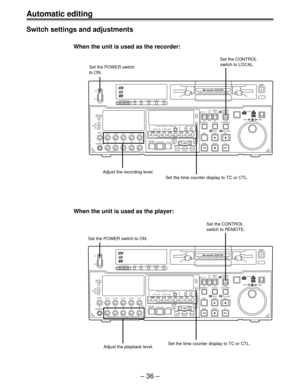 Page 36– 36 –
Automatic editing
Switch settings and adjustments
When the unit is used as the recorder:
When the unit is used as the player:
Set the time counter display to TC or CTL. Set the POWER switch
to ON.Set the CONTROL
switch to LOCAL.
Adjust the recording level.
ON
AUDIO CH SELECTSHIFT ADJTC  SETSTART TC/CTLRESET
TC INTTCTAPE
UB
STAND BY
EDIT PLAY
REW STOPSERVOREC
FFREC INHIBIT
PLAYEREXT EE
MODEREMOTEPUSH
REV FWDRECORDERLOCAL
CONTROL
CH 1
1ASMBL
PREVIEW
REVIEWAUTO EDITPREROLLTRIMAIN
INSET OUT...