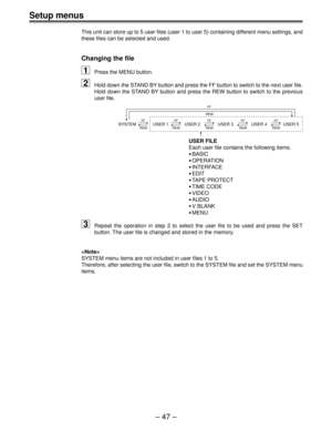 Page 47– 47 –
Setup menus
This unit can store up to 5 user files (user 1 to user 5) containing different menu settings, and
these files can be selected and used.
Changing the file
1Press the MENU button.
2Hold down the STAND BY button and press the FF button to switch to the next user file.
Hold down the STAND BY button and press the REW button to switch to the previous
user file.
SYSTEM USER 1 USER 2 USER 3 USER 4 USER 5FF
REWFF
REWFF
REWFF
REWFF
REW
FF
REW
USER FILE
Each user file contains the following...