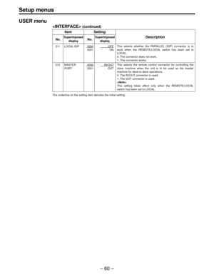 Page 60– 60 –
Setup menus
USER menu
 (continued)
Item Setting
No.SuperimposedNo.SuperimposedDescription
display display
211 LOCAL 50P0000          OFF
0001 ON
212 MASTER0000IN/OUT
PORT 0001 OUT
The underline on the setting item denotes the initial setting.
This selects whether the PARALLEL (50P) connector is to
work when the REMOTE/LOCAL switch has been set to
LOCAL.
0: The connector does not work.
1: The connector works.
This selects the remote control connector for controlling the
slave machine when the unit...