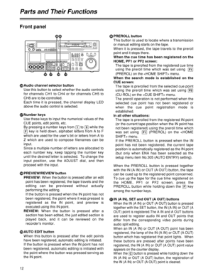Page 1212
N
PREROLL button
This button is used to locate where a transmission
or manual editing starts on the tape.
When it is pressed, the tape travels to the preroll
point and it stops there.
When the cue time has been registered on the
HOME, PF1 or PF2 screen:
The tape is prerolled from the registered cue time
using the preroll time which was set using .
(PREROL) on the  menu.
When the search mode is established on the
CUE screen:
The tape is prerolled from the selected cue point
using the preroll time which...
