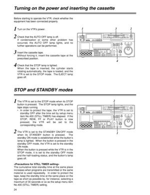 Page 2424
Before starting to operate the VTR, check whether the
equipment has been connected properly.
Turning on the power and inserting the cassette
1Turn on the VTR’s power.
3Insert the cassette tape.
Without forcing it, insert the cassette tape at the
prescribed position.
4Check that the STOP lamp is lighted.
When the tape is inserted, the cylinder starts
rotating automatically, the tape is loaded, and the
VTR is set to the STOP mode.  The EJECT lamp
goes off.
2Check that the AUTO OFF lamp is off.
If...