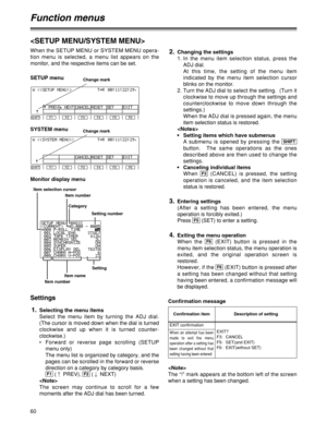 Page 6060
Function menus

Selecting the menu items
Select the menu item by turning the ADJ dial.
(The cursor is moved down when the dial is turned
clockwise and up when it is turned counter-
clockwise.)
•Forward or reverse page scrolling (SETUP
menu only)
The menu list is organized by category, and the
pages can be scrolled in the forward or reverse
direction on a category by category basis.
(:
PREV), (;
NEXT)
  
The screen may continue to scroll for a few
moments after the ADJ dial has been turned.
F2F1...