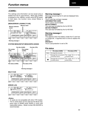 Page 6969

F1SHIFTF2F3F4F5F6
Memory name 
Memory selection
cursor 
Warning message 1
F1SHIFTF2F3F4F5F6
Warning message 2File status (VTR)  File number
(VTR)File number
(CARD)  File title (CARD) 
File title (VTR)
File status (CARD)
F1SHIFTF2F3F4F5F6
F1SHIFTF2F3F4F5F6
SYSTEM MENU/SETUP MENU/50PIN ASSIGN
File status
[MENU/ERROR LOG/MULTI CUE] The settings and information can be saved onto or
loaded from the IC card memory.  When  (CARD)
is pressed on the  screen while the  button
is held down, the function menu...