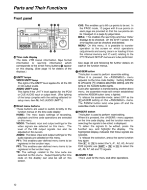 Page 1010
Front panel
>
Time code display
The data, VTR status information, tape format
information or warning information which
corresponds to the direct menu buttons @
appear
on this display. (See page 16 for details of the
displays.)
?
UNITY lamps
VIDEO UNITY lamp
This lights if the UNITY level applies for all the HD
or SD output levels.
AUDIO UNITY lamp
This lights if the UNITY level applies for the PCM
or CUE AUDIO input or output level.  (The lighting
of the lamp complies with the setting selected for...