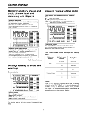 Page 4645
CH1CH2
20
0
EMPHASIS
40
-dB
10
30E
BATTF
TAPE
RFSERVOHUMID SLACK DF
SLAVE TCG HOLD
h min s frm
Screen displays
Displays relating to errors and
warnings
For details, refer to “Warning system” (pages 105 and
106).
Remaining tape display
When there are 21 or more minutes of the tape remaining,
all 7 segments up to the “F” position light.
When there are less than 21 minutes of the tape
remaining, the segments go out one by one in sequence
every 3 minutes.
Remaining battery charge display
If a battery with...