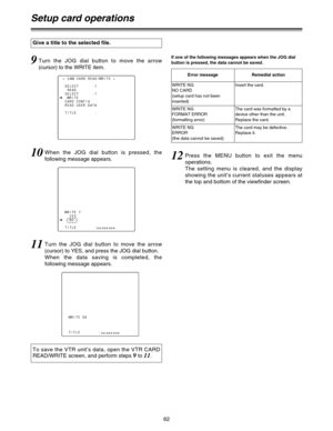 Page 6362
If one of the following messages appears when the JOG dial
button is pressed, the data cannot be saved.
12Press the MENU button to exit the menu
operations.
The setting menu is cleared, and the display
showing the unit’s current statuses appears at
the top and bottom of the viewfinder screen.
Error messageRemedial action
WRITE NG
NO CARD
(setup card has not been
inserted)Insert the card.
WRITE NG
FORMAT ERROR
(formatting error)The card was formatted by a
device other than the unit.
Replace the card....