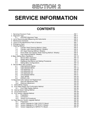Page 1SERVICE INFORMATION
CONTENTS
1. Servicing Fixtures & Tools ..........................................................................................................INF-1
2. Alignment Tape ...........................................................................................................................INF-4
2-1. DVCPRO Alignment Tape.........................................................................................INF-4
3. List of Recommended Measuring and Instruments...