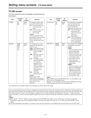 Page 117117
Setting menu screens  VTR MAIN MENU

When USER is set for the UB MODE item, it is not possible to set
EXT for the VITC UB MODE item.
Similarly, it is not possible to set EXT for the UB MODE item when
USER has been set for the VITC UB MODE item.
TC/UB screen
The time code and user’s bit settings are performed on
this screen.
ItemVariable
rangeRemarks
TC MODE DF
NDF
VF
displayItemVariable
rangeRemarksVF
display
USER
ENGFor setting the time code
to the DF or NDF mode.
DF:The time code is set
to the drop...