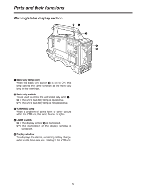 Page 1919
Warning/status display section
1Back tally lamp (unit)
When the back tally switch 2is set to ON, this
lamp serves the same function as the front tally
lamp in the viewfinder.
2Back tally switch 
This is used to control the unit’s back tally lamp 1.
ON:The unit’s back tally lamp is operational.
OFF:The unit’s back tally lamp is not operational.
3WARNING lamp
When a problem of some form or other occurs
within the VTR unit, this lamp flashes or lights.
4LIGHT switch
ON:The display window 5is...