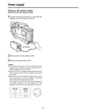 Page 2525
Using an AC power supply
When the AJ-B75 AC adapter is used

OCheck the pin signals of the DC IN socket when
using an external power supply other than the AJ-
B75 AC adapter. (DC 12 V, 8.5 A)
OPower from the AC adapter takes precedence when
both a battery pack and AC adapter have been
connected.
OWhen using the AC adapter, be absolutely sure to
first set the power of the AC adapter to ON and
then set the unit’s power switch to ON.
If the power is turned on in the reverse sequence,
the output voltage...