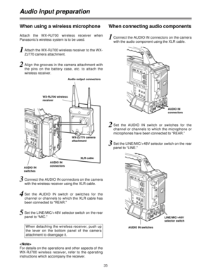 Page 3535
Audio input preparation
1Attach the WX-RJ700 wireless receiver to the WX-
ZJ770 camera attachment.
2Align the grooves in the camera attachment with
the pins on the battery case, etc. to attach the
wireless receiver.
3Connect the AUDIO IN connectors on the camera
with the wireless receiver using the XLR cable.
4Set the AUDIO IN switch or switches for the
channel or channels to which the XLR cable has
been connected to “REAR.”
5Set the LINE/MIC/+48V selector switch on the rear
panel to “MIC.”
3Set the...