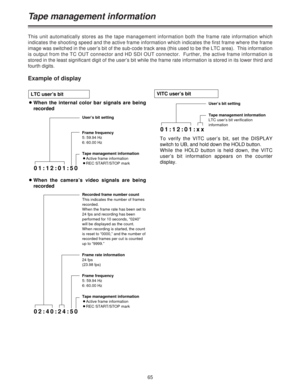 Page 6565
Tape management information
This unit automatically stores as the tape management information both the frame rate information which
indicates the shooting speed and the active frame information which indicates the first frame where the frame
image was switched in the user’s bit of the sub-code track area (this used to be the LTC area).  This information
is output from the TC OUT connector and HD SDI OUT connector.  Further, the active frame information is
stored in the least significant digit of the...