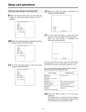 Page 7575
If one of the following messages appears when the JOG dial
button is pressed, the data cannot be saved.
14Press the MENU button to exit the menu
operations.
The setting menu is cleared, and the displays
showing the unit’s current statuses appear at the
top and bottom of the viewfinder screen.
Error messageRemedial action
WRITE NG
NO CARD
(setup card has not been
inserted)Insert the card.
WRITE NG
FORMAT ERROR
(formatting error)The card was formatted by a
device other than the unit.
Replace the card....