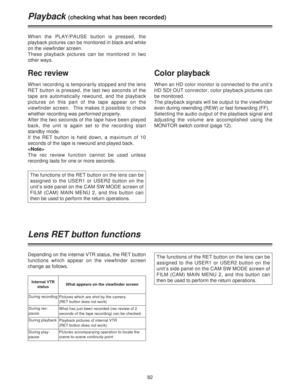 Page 8282
When the PLAY/PAUSE button is pressed, the
playback pictures can be monitored in black and white
on the viewfinder screen.
These playback pictures can be monitored in two
other ways.
Rec review
When recording is temporarily stopped and the lens
RET button is pressed, the last two seconds of the
tape are automatically rewound, and the playback
pictures on this part of the tape appear on the
viewfinder screen.  This makes it possible to check
whether recording was performed properly.
After the two...