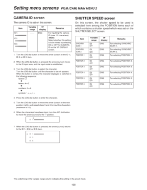 Page 100100
The underlining in the variable range column indicates the setting in the preset mode.
Setting menu screens  FILM (CAM) MAIN MENU 2
1. Turn the JOG dial button to move the arrow (cursor) to the ID 1:,
ID 2: or ID 3: item.
2. When the JOG dial button is pressed, the arrow (cursor) moves
to the ID input area, and the input mode is established.
3. Turn the JOG dial button to select the character.
Turn the JOG dial button until the character to be set appears.
When the button is turned, the character...